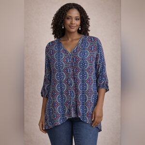 🌸Blue and Red Patterned Women's Top